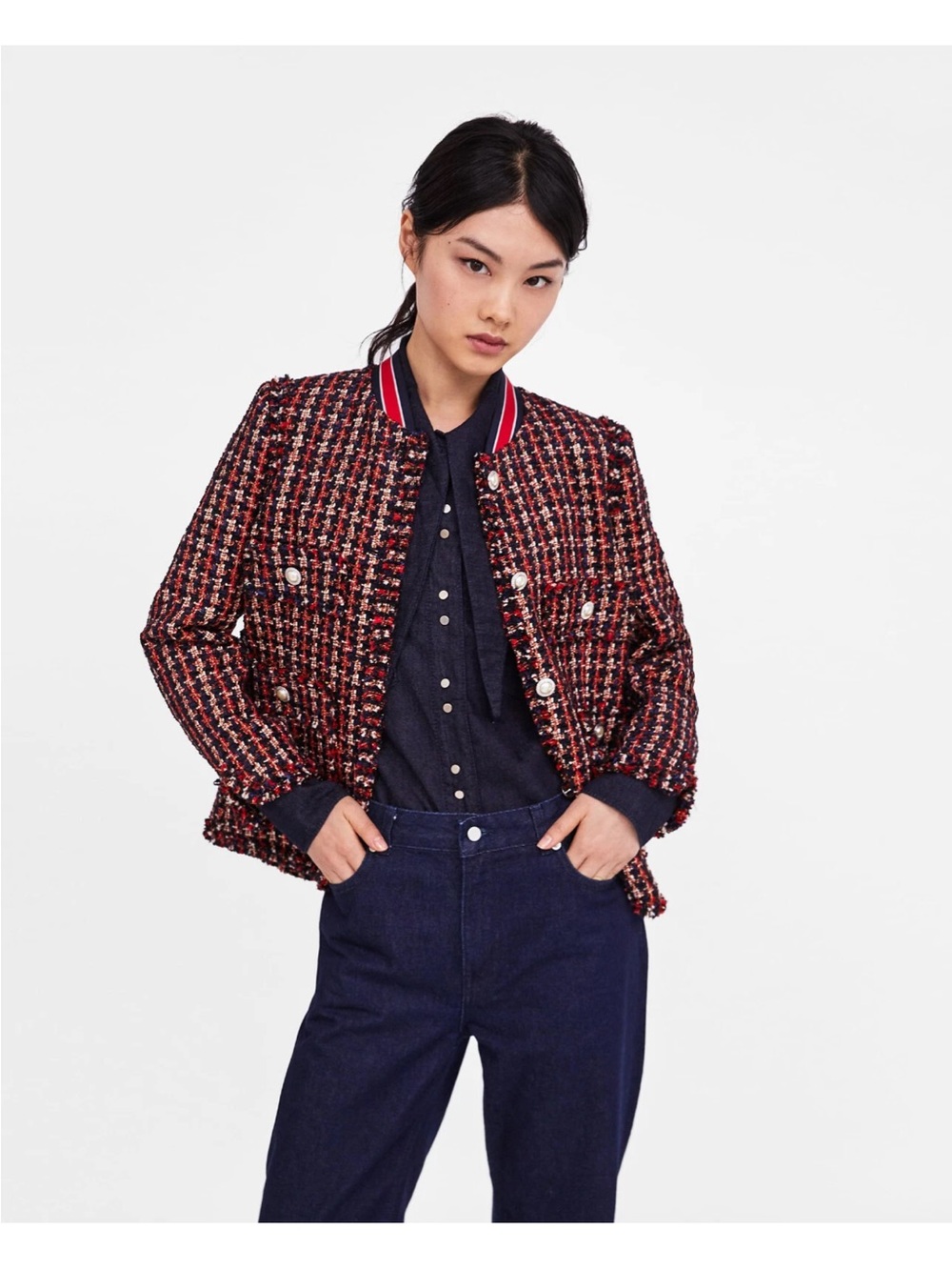 Zara tweed lady jacket red navy blazer fringe blogger favorite M